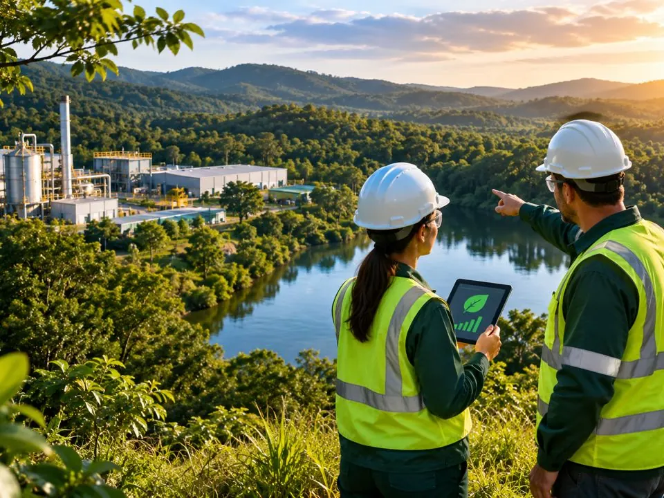 Técnicos de segurança observam uma indústria às margens de um rio cercado de mata