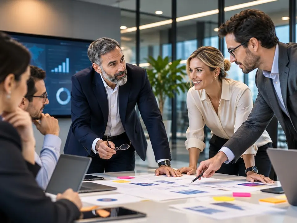 Equipe de executivos analisando gráficos em uma mesa de reunião